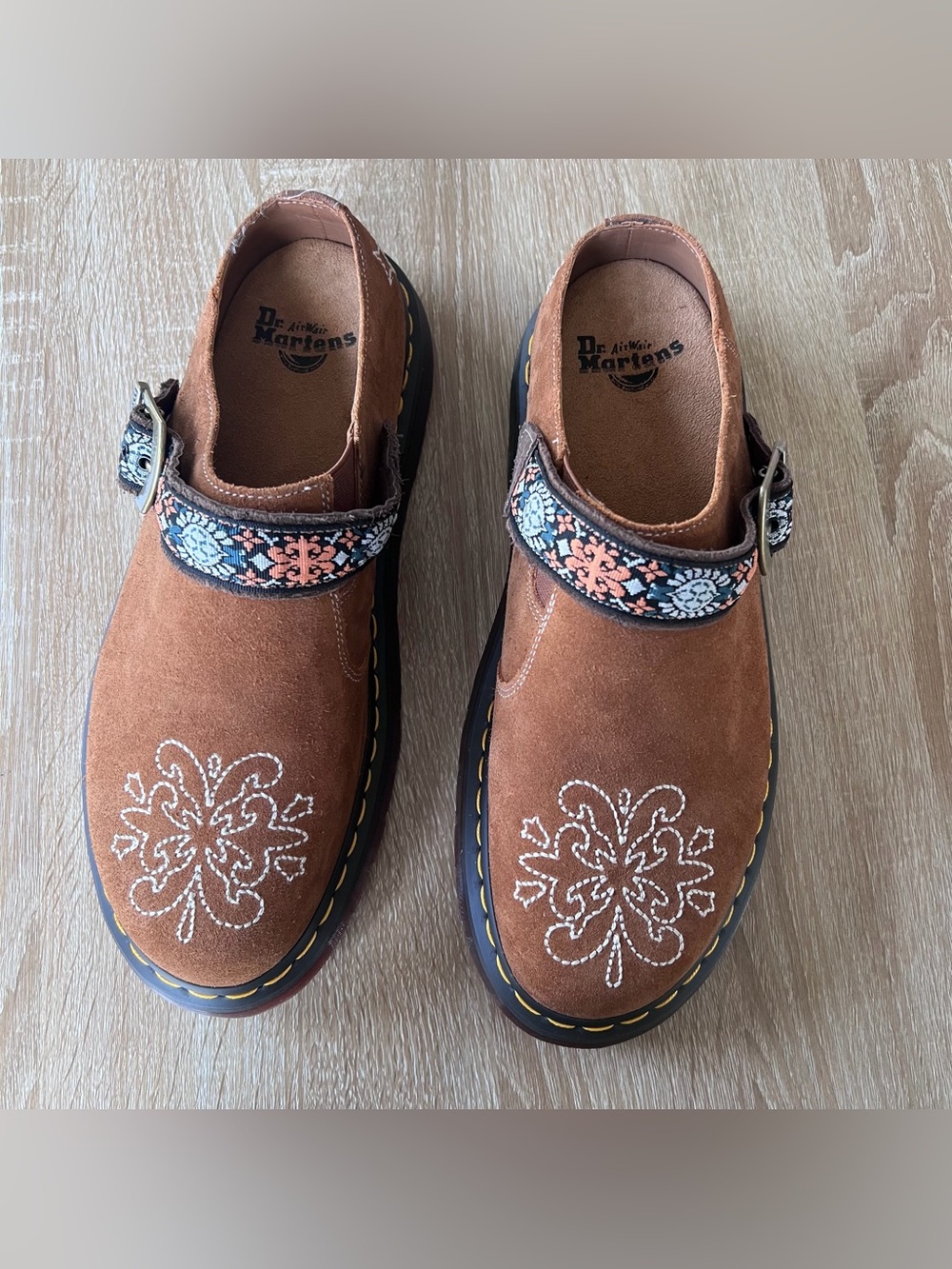Dr. Martens Chestnut Suede mules with Embroidered Strap